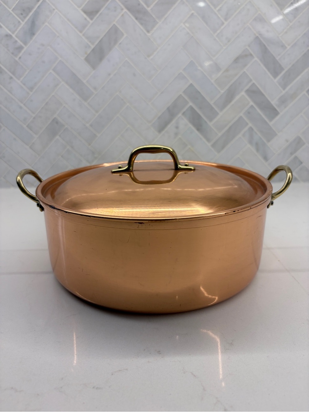 Vintage Tagus Copper Dutch Oven Casserole Pot w/ Brass Handles